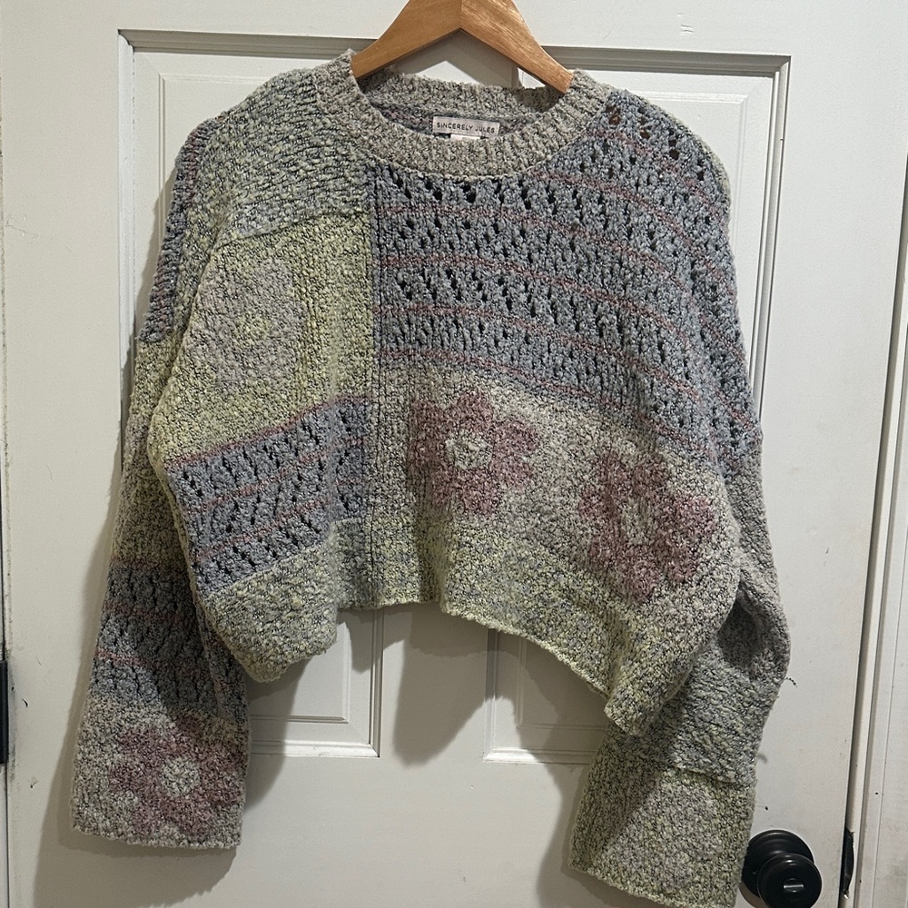 Sincerely Jules Gray and Pink Patchwork Sweater